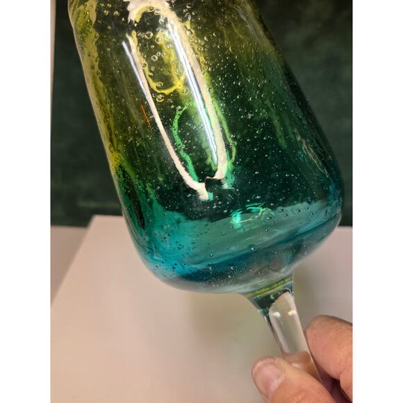 Bubble wine Goblets Three glasses 9" Tall  Ombre blue / green / yellow Mexico? - Picture 3 of 9
